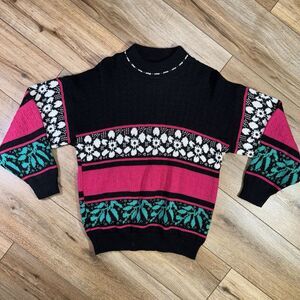 Bold Mock Neck Vintage Floral Deadstock 90s‎ Sweater Size L USA Black Pink Teal